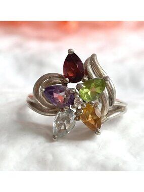 Rainbow Gemstone Floral Pear Cut Sterling Silver 925 Vintage Ring - sz 7.25